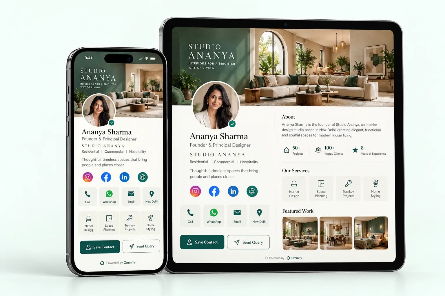 Phone and tablet displaying an illustrative Ommify digital visiting card with business details, contact shortcuts, social profiles, Save Contact and Send Query buttons